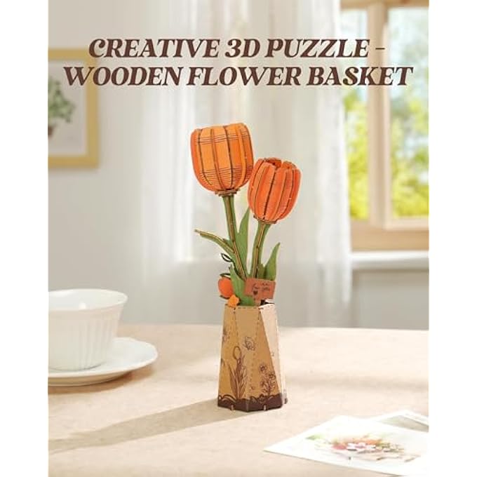 ORANGE TULIP 3D WOODEN PUZZLE, ARTIFICIAL FLOWERS MODEL KITS FOR ADULTS TO BUILD, CREATIVE HOME DECOR, ACCESSORIES LIVING ROOM, GIFTS FOR WOMEN ON VALENTINE'S DAY, FLOWER BOUQUET - Image 2